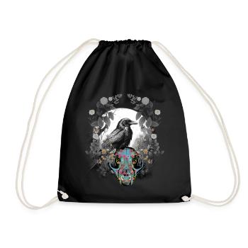 Dark Fantasy Crow Skull Bone Horror Woodland Animal - Drawstring Bag - black - Front