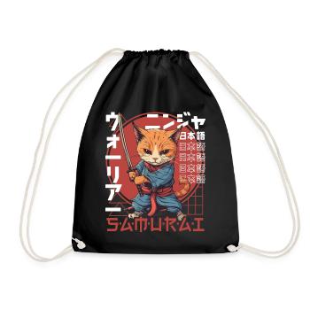 Samurai Cat Kawaii Japanese Ninja Cat - Drawstring Bag - black - Front