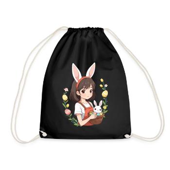 Anime Easter Kawaii Easter Bunny Manga Girl Otaku - Drawstring Bag - black - Front