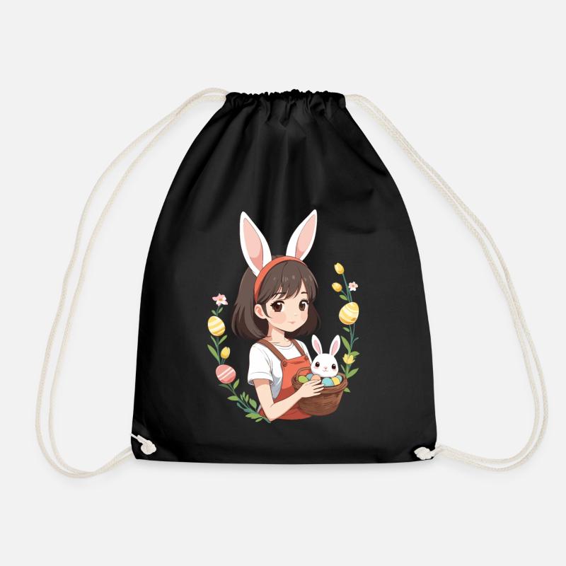 Anime Easter Kawaii Easter Bunny Manga Girl Otaku - Drawstring Bag - black