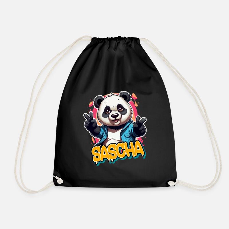 SASCHA - Handsome boy name with cool panda - Drawstring Bag - black