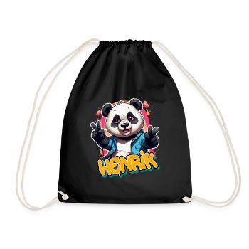 HENRIK - Schöner Jungen Name mit coolem Panda - Turnbeutel - Schwarz - Vorne