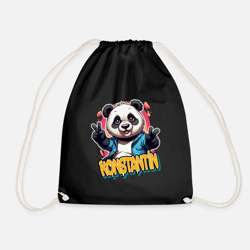 KONSTANTIN - Schöner Jungen Name mit coolem Panda - Turnbeutel - Schwarz