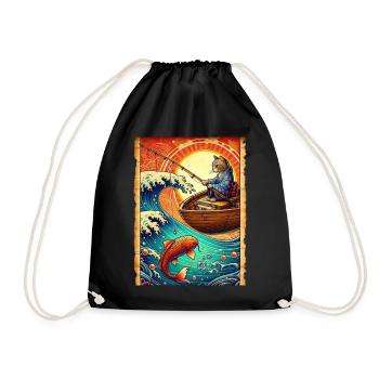 Japanese Carp Fisherman Kitten Retro Papyrus - Drawstring Bag - black - Front