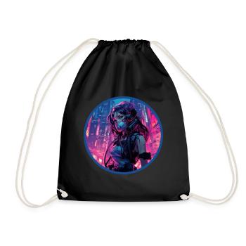 Gas Mask Anime Girl Vaporwave Neon Billboards - Drawstring Bag - black - Front