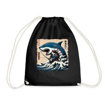 Shark Fisherman Japanese Wave Art Fishing - Drawstring Bag - black - Front