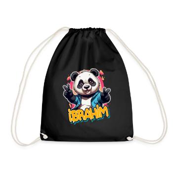 IBRAHIM - Schöner Jungen Name mit coolem Panda - Turnbeutel - Schwarz - Vorne