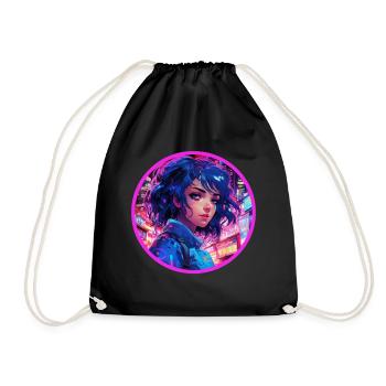 Japanese Anime Cyber Girl Vaporwave Neon Glitch - Drawstring Bag - black - Front