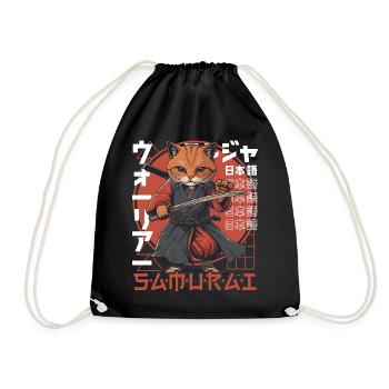 Samurai Cat Kawaii Japanese Ninja Cat - Drawstring Bag - black - Front