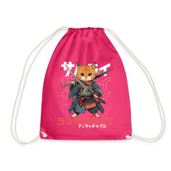 Samurai Cat Kawaii Japanese Ninja Cat - Drawstring Bag - fuchsia - Front