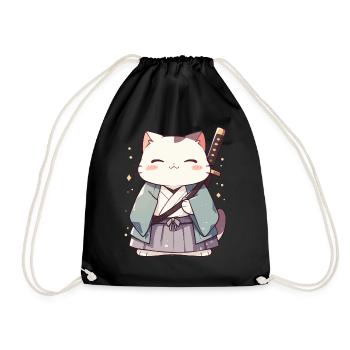 Samurai Cat Kawaii Japanese Ninja Cat - Drawstring Bag - black - Front