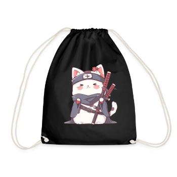 Samurai Cat Kawaii Japanese Ninja Cat - Drawstring Bag - black - Front