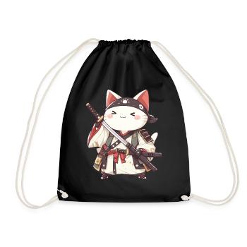 Samurai Cat Kawaii Japanese Ninja Cat - Drawstring Bag - black - Front