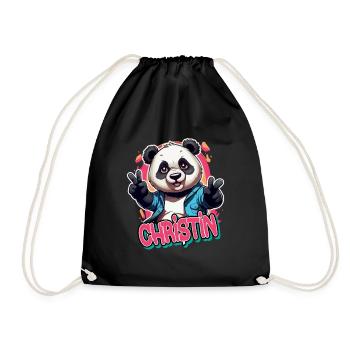 CHRISTIN - Beautiful Girl Name with Cool Panda - Drawstring Bag - black - Front