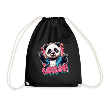 KAROLINE - Schöner Mädchen Name mit coolem Panda - Turnbeutel - Schwarz - Vorne