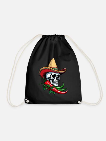 Aesthetic Chili Skull Design Mexican Style - Drawstring Bag - black