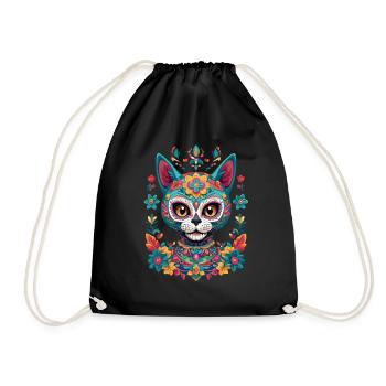 Sugar Skull Cat Aesthetic Mexico Streetwear - Drawstring Bag - black - Front