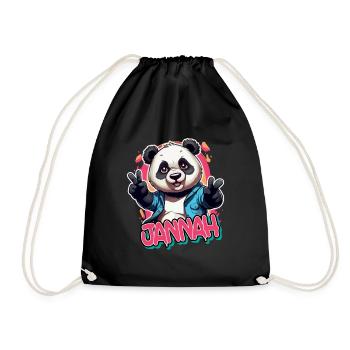 JANNAH - Schöner Mädchen Name mit coolem Panda - Turnbeutel - Schwarz - Vorne