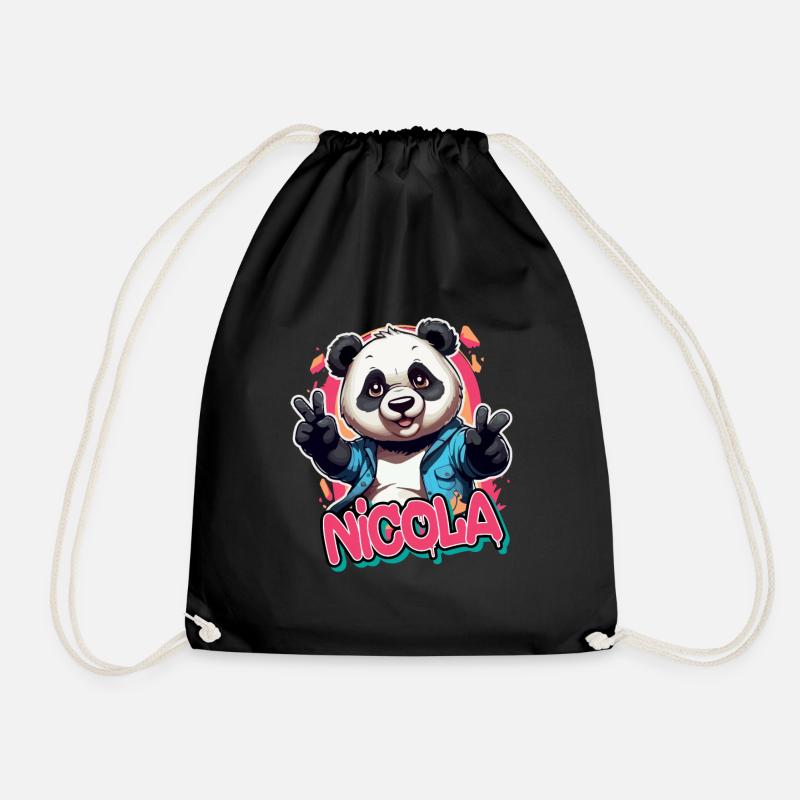 NICOLA - Schöner Mädchen Name mit coolem Panda - Turnbeutel - Schwarz