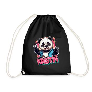 KRISTIN - Schöner Mädchen Name mit coolem Panda - Turnbeutel - Schwarz - Vorne