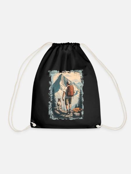 Wanderer in den Bergen mit Hund | Illustration - Turnbeutel - Schwarz