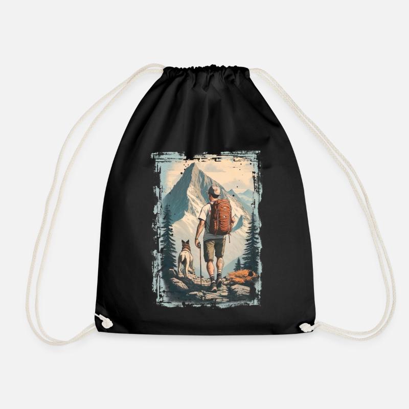 Wanderer in den Bergen mit Hund | Illustration - Turnbeutel - Schwarz