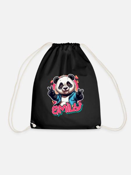 EMILY - Schöner Mädchen Name mit coolem Panda - Turnbeutel - Schwarz