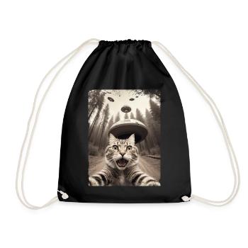 Funny Cat Selfie Alien Spaceship - Drawstring Bag - black - Front