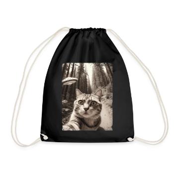 Funny Cat Selfie Alien Spaceship - Drawstring Bag - black - Front