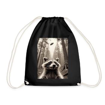 Funny Raccoon Selfie Alien Spaceship - Drawstring Bag - black - Front