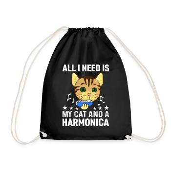 All I Need Is My Cat And A Harmonica Musician And - Drawstring Bag - black - Front