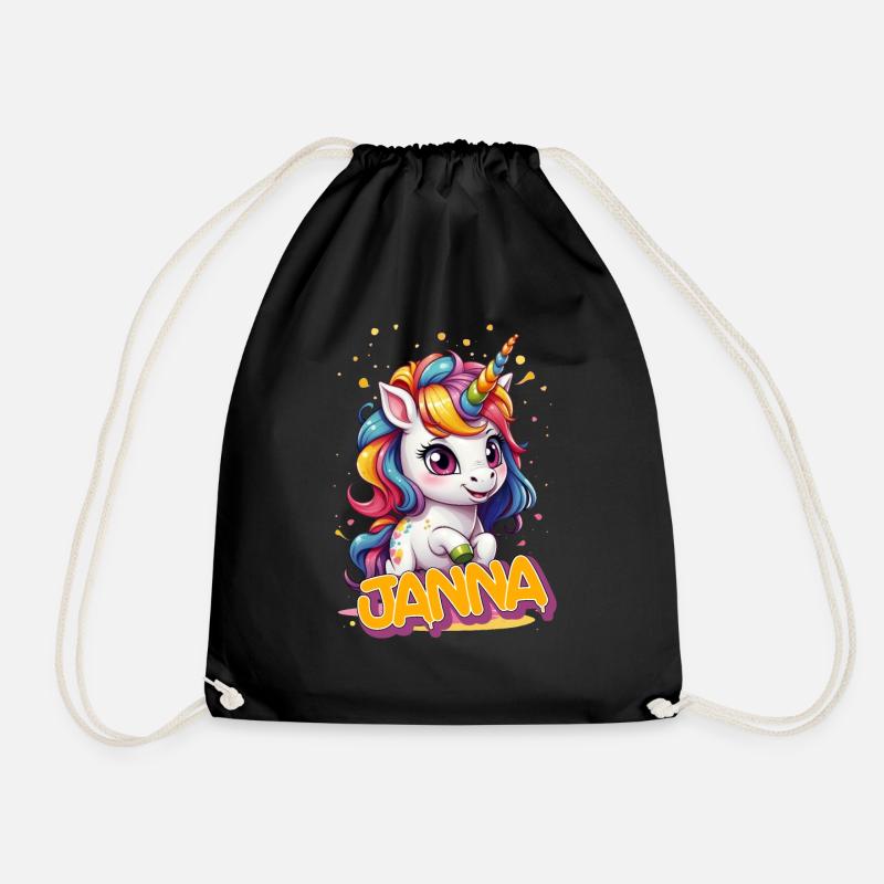 JANNA - Schöner Mädchen Name mit süßem Einhorn - Turnbeutel - Schwarz