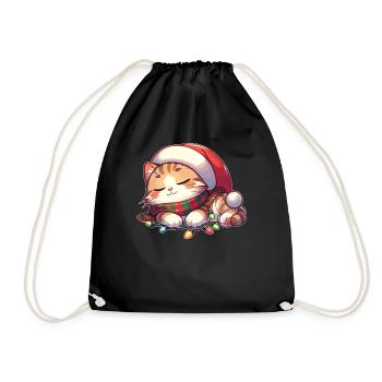 Christmas Hat Christmas Fairy Lights Cat - Drawstring Bag - black - Front