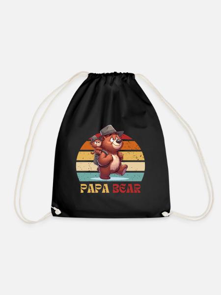 Father Papa Bear Father's Day Bear Retro Funny Grizzly - Drawstring Bag - black