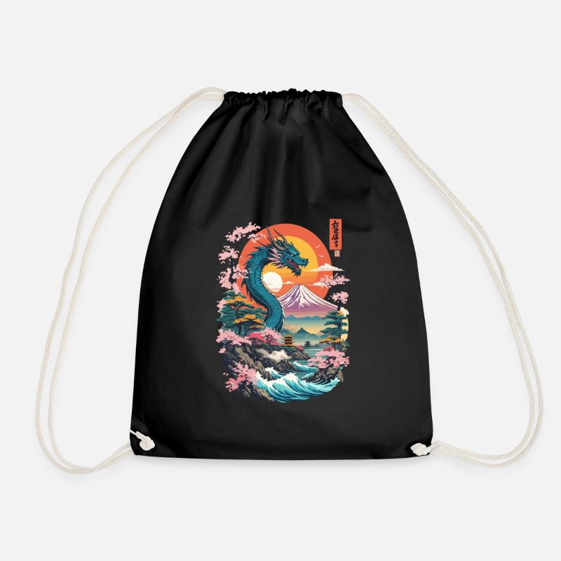 Vintage Ukiyo-E Vaporwave Japanese Dragon - Drawstring Bag - black