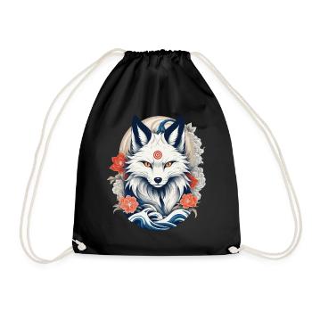 White Kitsune Fox Japanese Cherry Blossoms - Drawstring Bag - black - Front