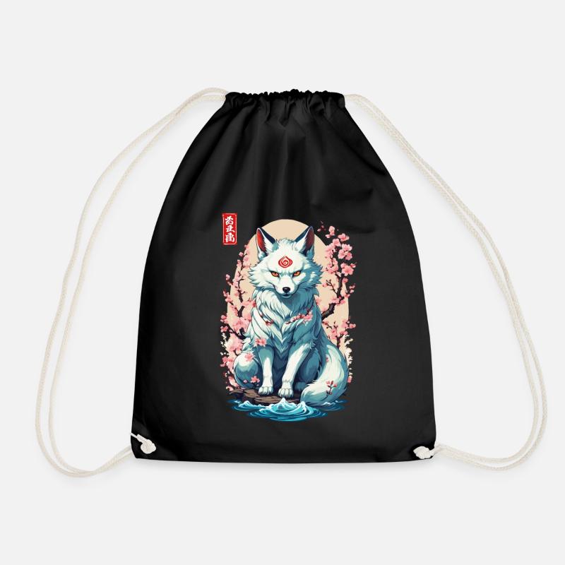 Kitsune Mask and Cherry Blossoms Aesthetic Design - Drawstring Bag - black