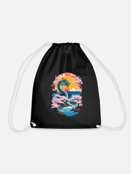 Cherry Blossoms Ukiyo-E Art Dragon Anime - Drawstring Bag - black