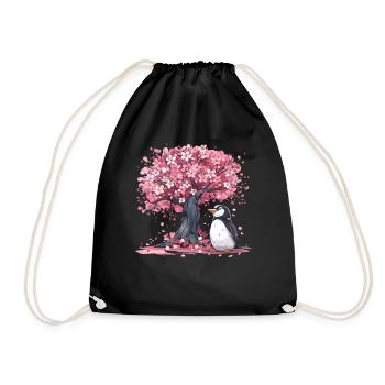 Penguin Japanese Sakura Tree Kawaii - Drawstring Bag - black - Front