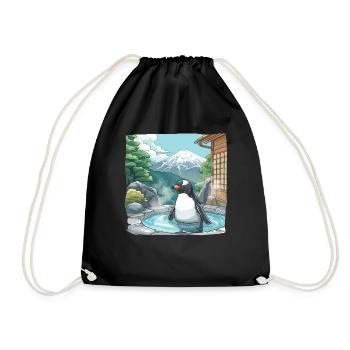 Penguin Onsen Japanese Kawaii Penguin Cute - Drawstring Bag - black - Front