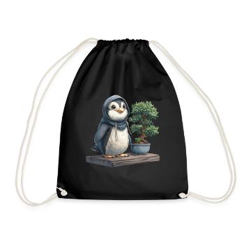 Penguin Bonsai Japanese Kawaii Penguin Cute - Drawstring Bag - black - Front