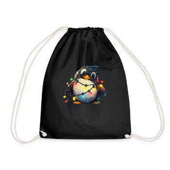 Pinguin in Weihnachtslichter eingewickelt Pinguin - Turnbeutel - Schwarz - Vorne