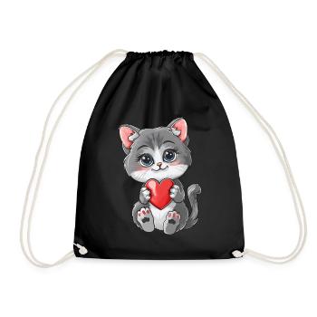 Cute Kitten Holding Heart Adorable Cat Art for - Drawstring Bag - black - Front
