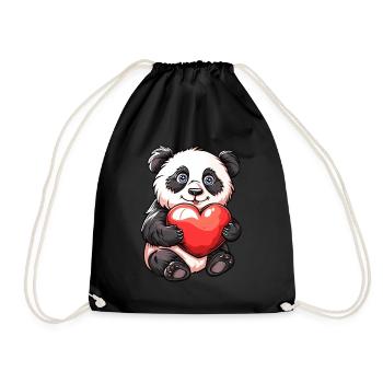 Adorable Panda Holding Heart Cartoon Illustration - Drawstring Bag - black - Front