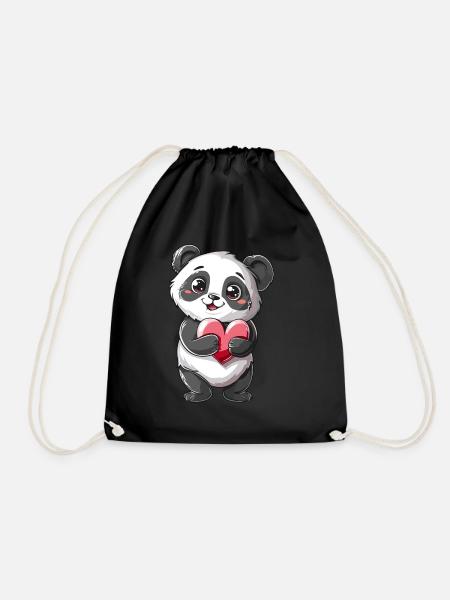 Adorable Panda Holding Heart - Cute Kawaii Panda - Drawstring Bag - black