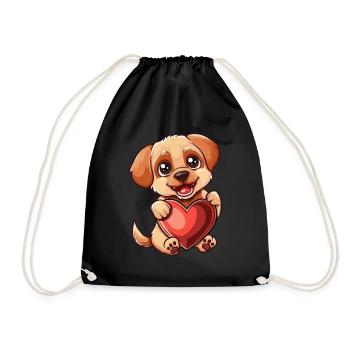 Adorable Puppy Holding Heart - Cute and Loving - Drawstring Bag - black - Front