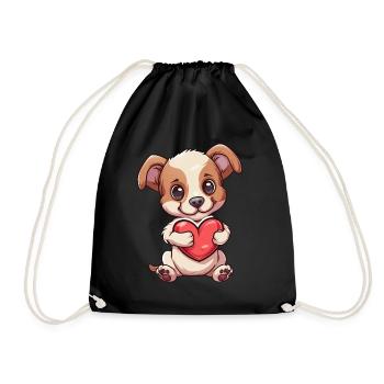Adorable Puppy Holding Heart Illustration for Dog - Drawstring Bag - black - Front