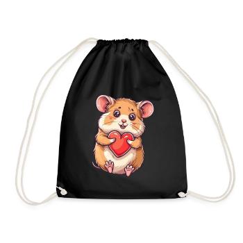 Cute Hamster Holding a Red Heart Adorable Animal - Drawstring Bag - black - Front