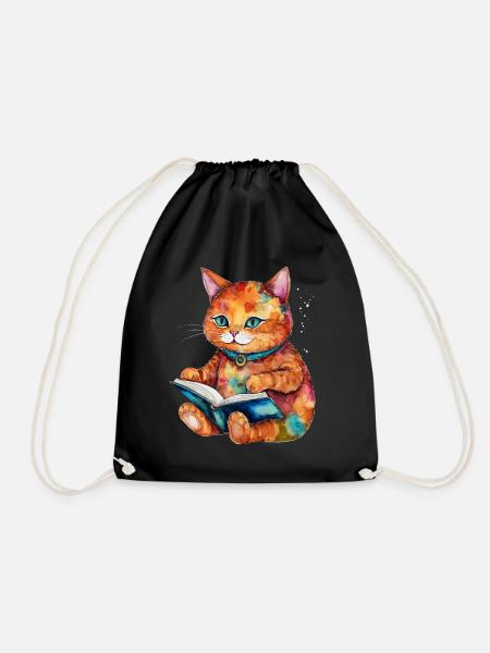 Cat Reading Book Colorful Funny Animal Design Print - Drawstring Bag - black