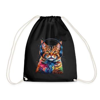 Katze Kopfhörer Bunt Lustig Tier Design Print - Turnbeutel - Schwarz - Vorne